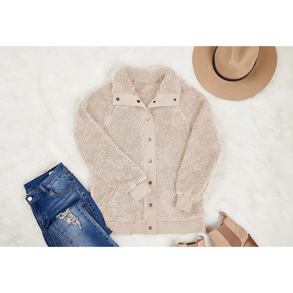 Sherpa Fleece Jacket Warm Long Sleeve Button Down Fuzzy Faux Wool with Pockets S - Picture 6 of 12